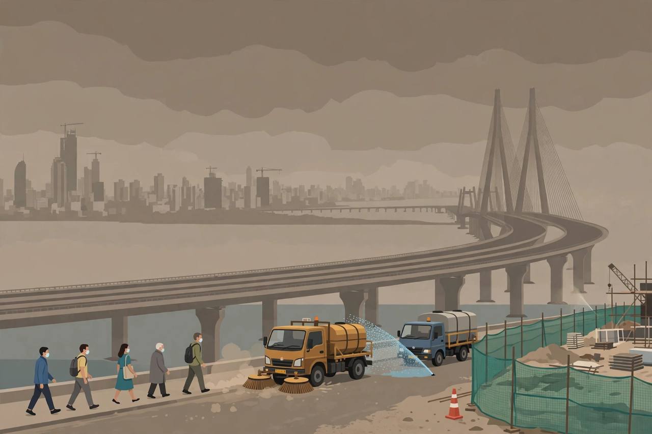 Editorial illustration of the Mumbai skyline and sea link under thick smog, with generic masked residents and municipal sweeping and water-sprinkling vehicles cleaning a dusty street