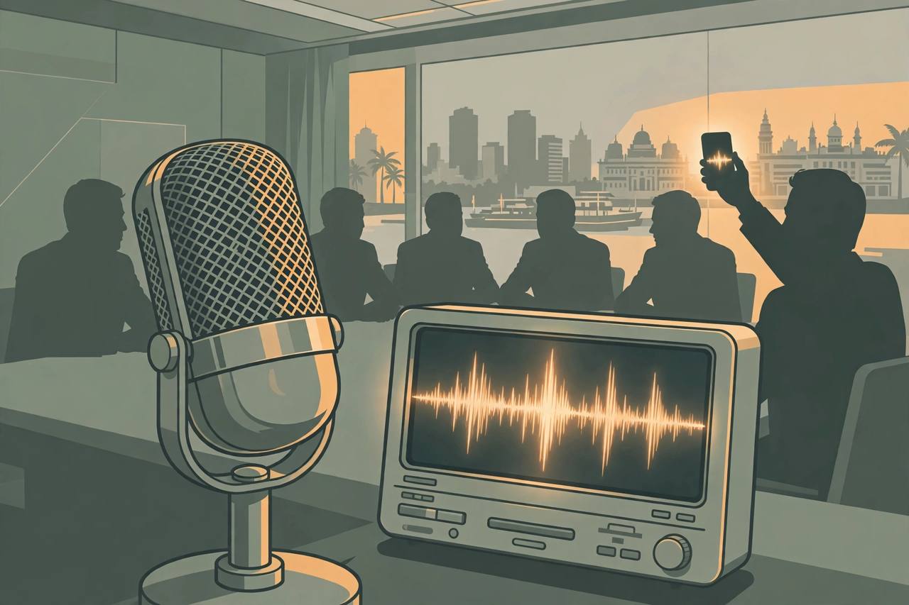 Editorial illustration of a microphone and audio waveform over a political meeting table