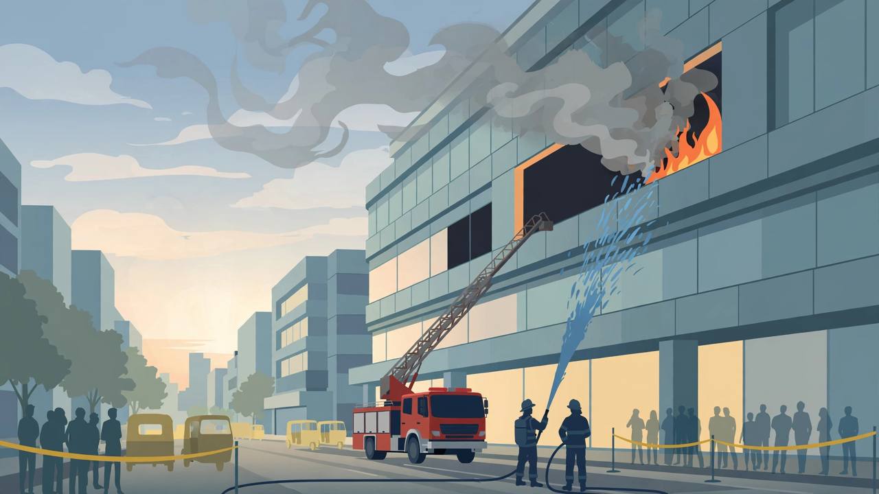 Editorial illustration of firefighters tackling a morning fire at a restaurant inside a Mumbai mall, with smoke rising from an upper floor and a fire engine below