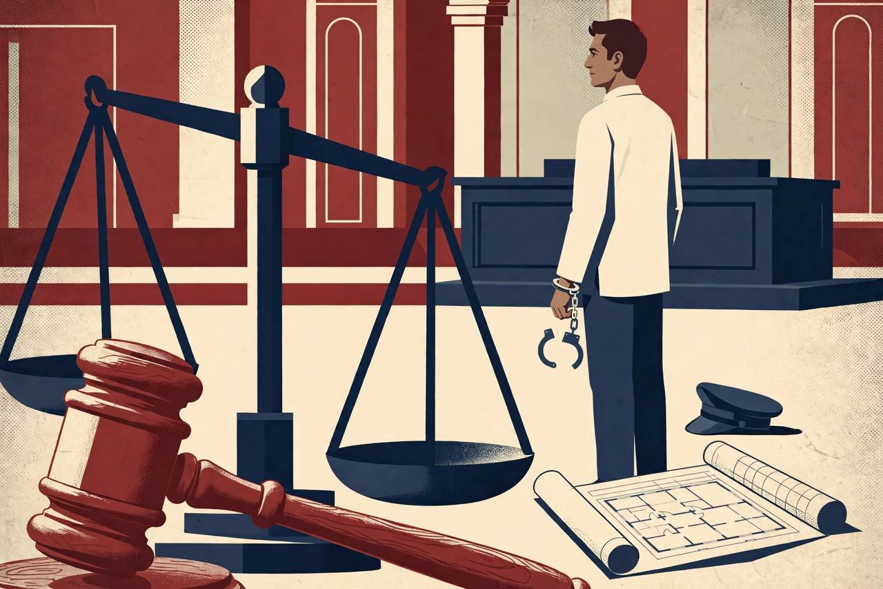 (Editorial illustration) Scales of justice and a gavel in a courtroom, with a generic man standing free with broken handcuffs