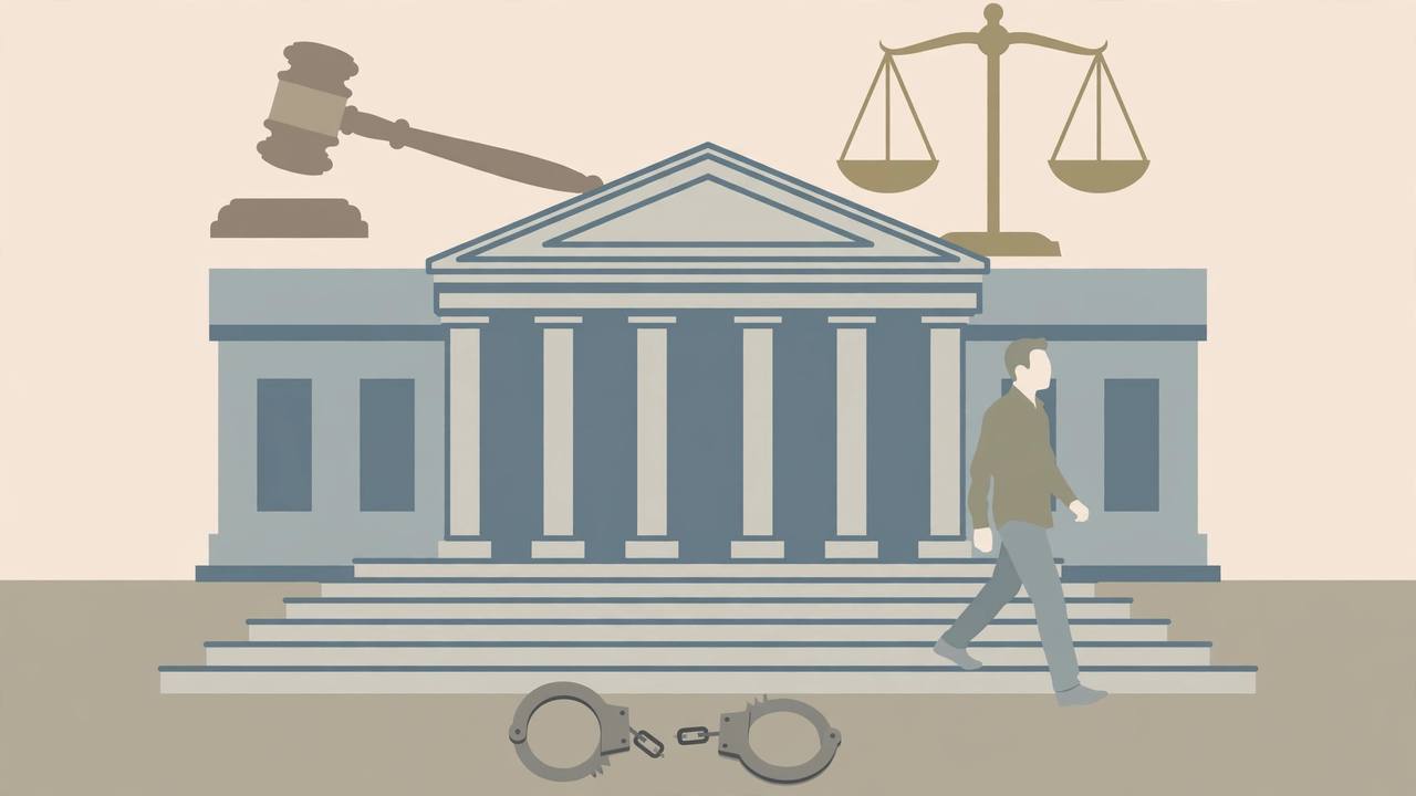 Editorial illustration of a judge's gavel and scales of justice outside a courthouse, with a generic man walking free down the steps past broken handcuffs