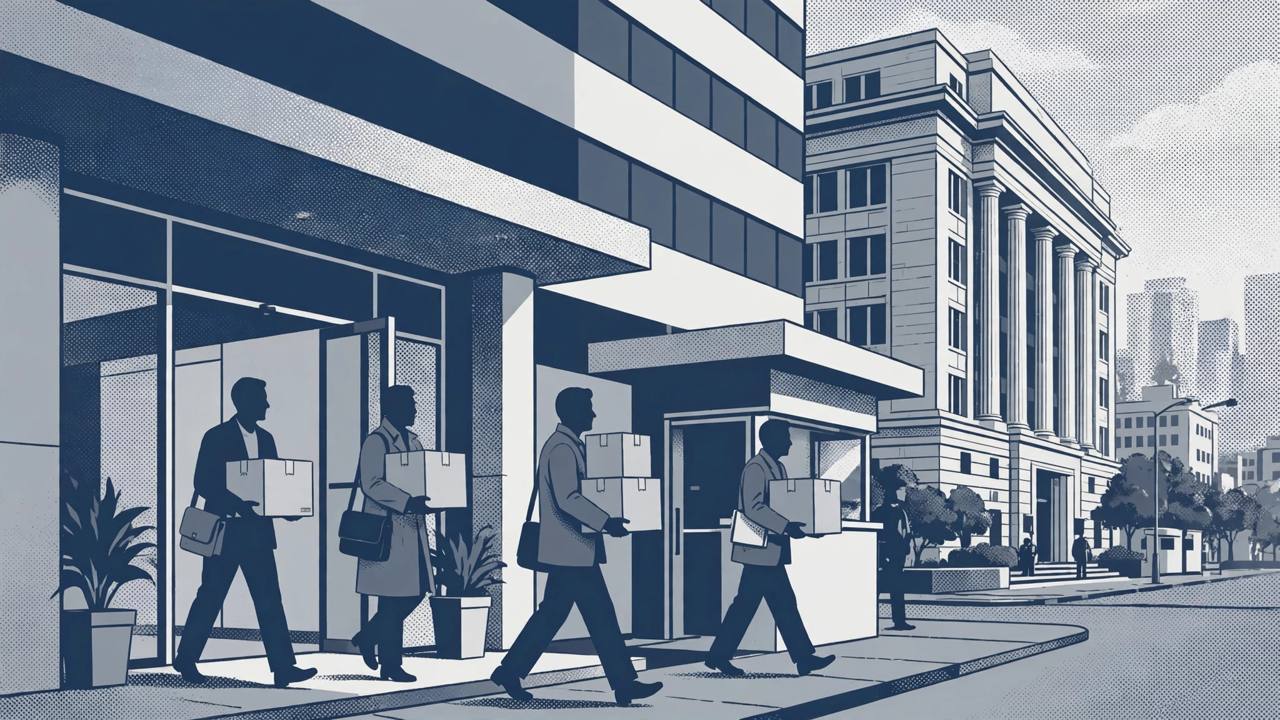 Editorial illustration of investigators carrying sealed boxes of documents out of a Mumbai office building during a CBI search operation