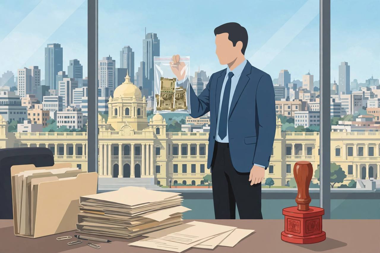 Editorial illustration of a government office building in Mumbai with a generic investigator holding a sealed evidence bag and office files with a red seal in the foreground