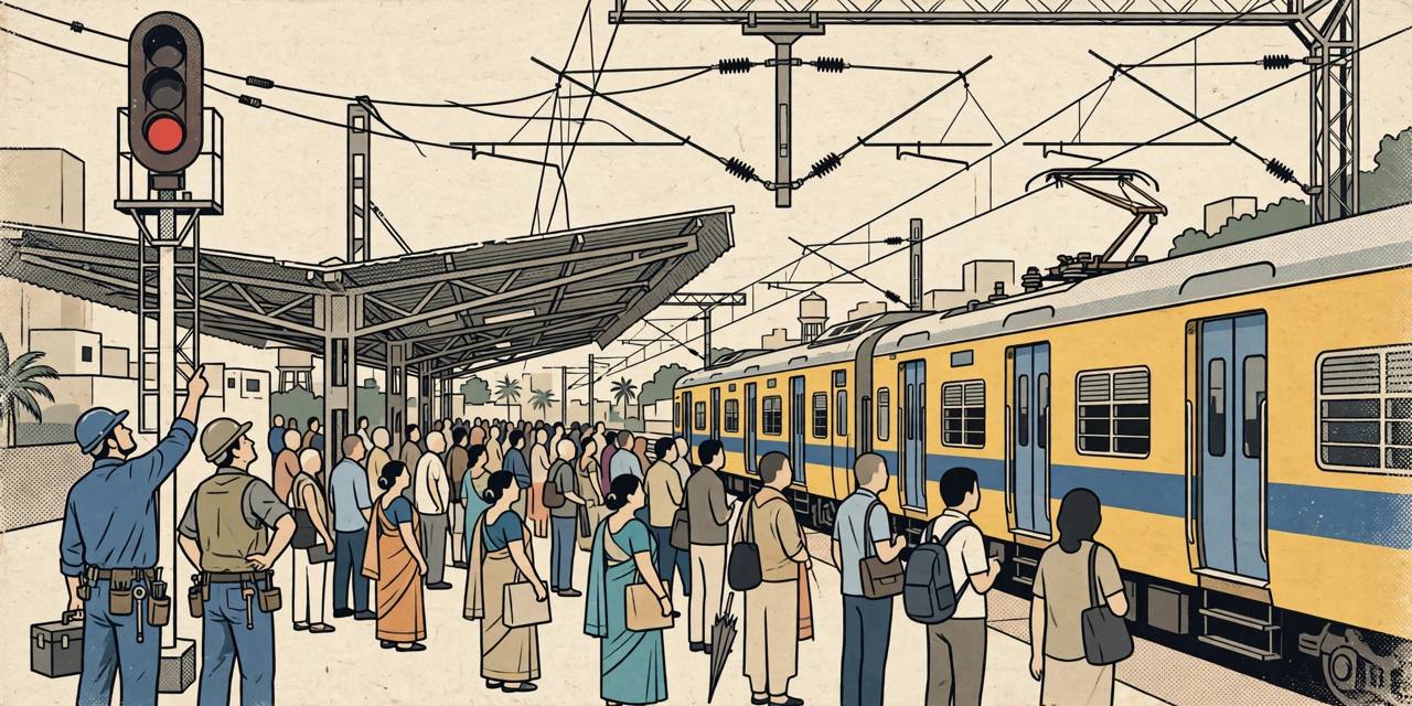 Editorial illustration of a Mumbai suburban train halted at a crowded platform under a red signal and overhead wires