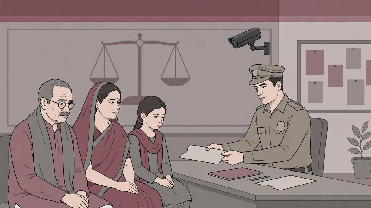 Editorial illustration of a family receiving an official compensation document at a police headquarters, with scales of justice and a CCTV camera in the background