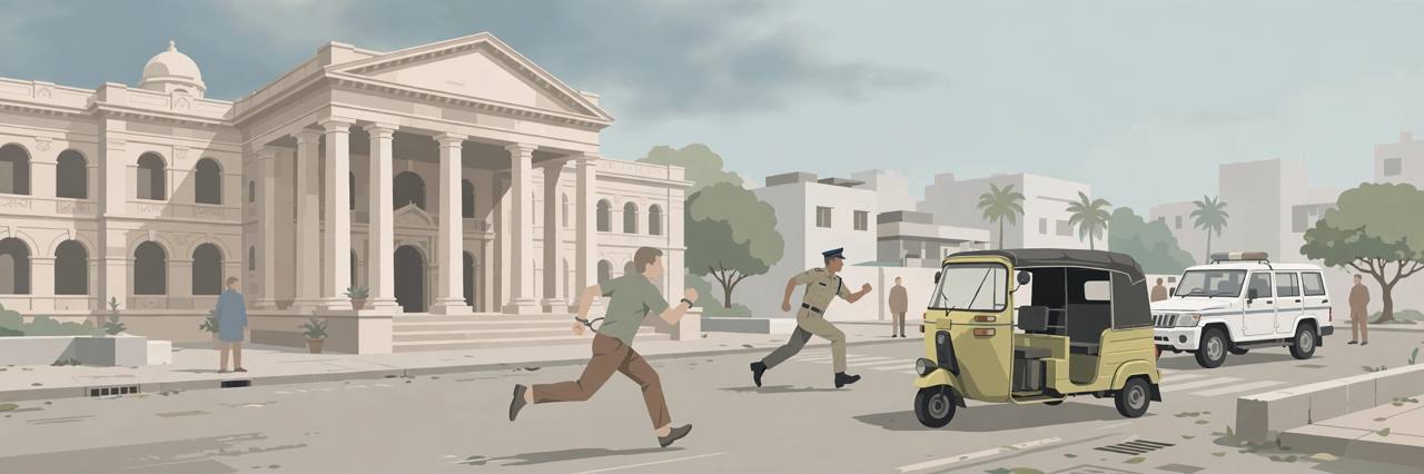 Editorial illustration of a generic undertrial running across a road toward an autorickshaw outside a Mumbai courthouse while a police officer chases him, with a police vehicle nearby
