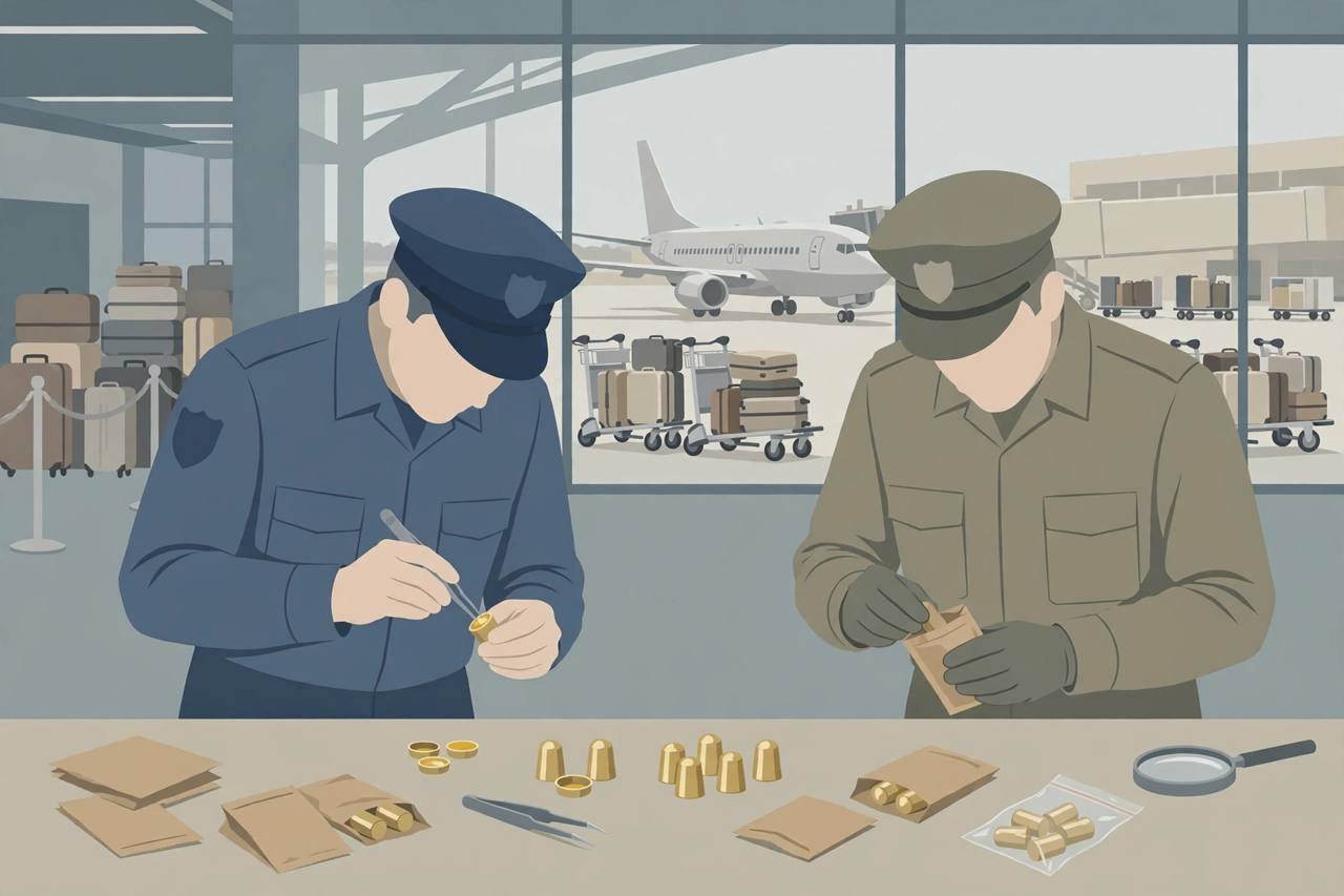 Customs officers inspect gold wax capsules on a table at an airport checkpoint (Editorial illustration)