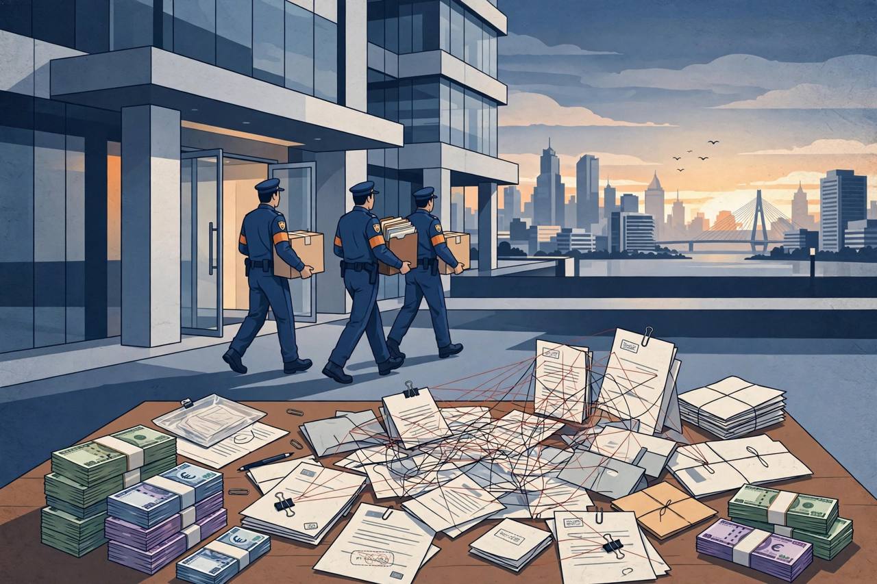 (Editorial illustration) Enforcement officers carrying sealed evidence boxes out of a Mumbai office building, with currency bundles and tangled shell-company files on a desk