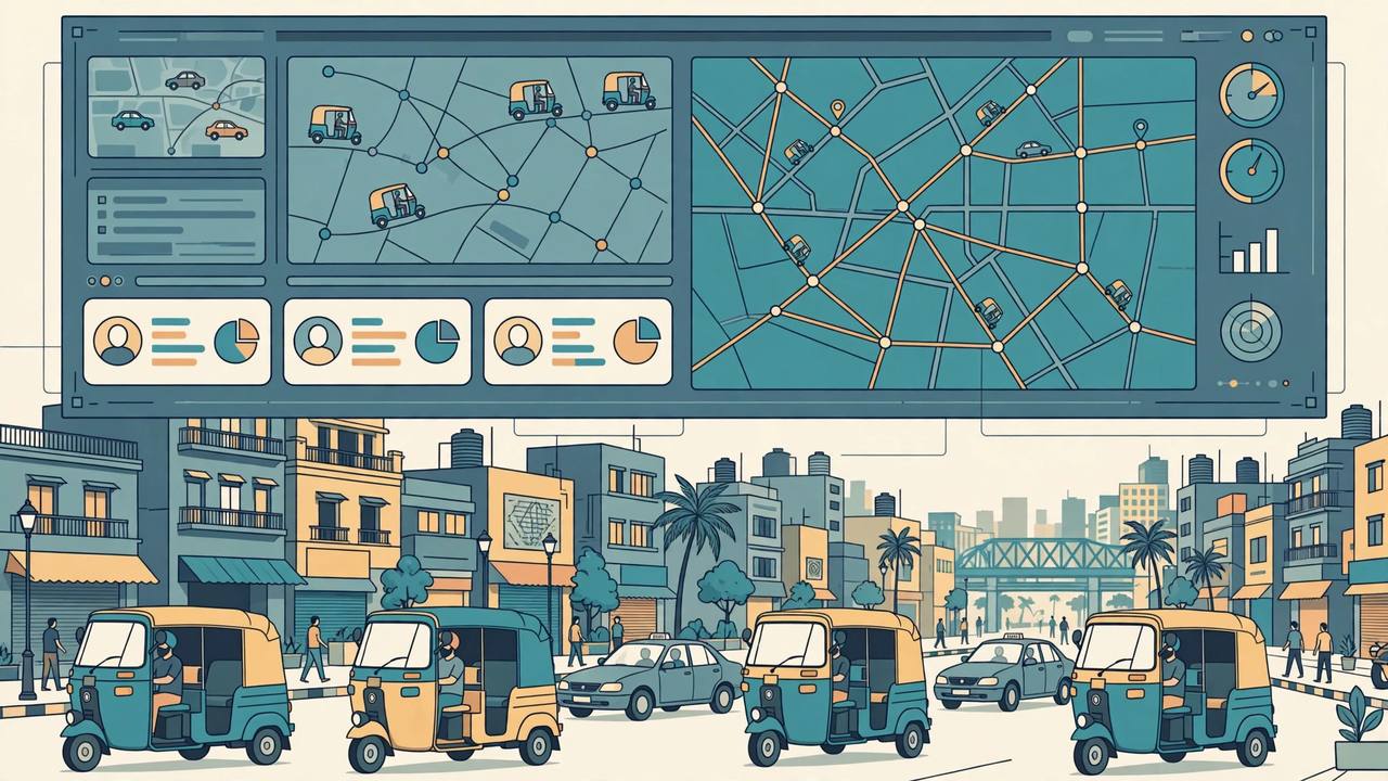 Editorial illustration of a digital monitoring dashboard with vehicle maps and driver profile cards above a Mumbai street with auto-rickshaws and taxis