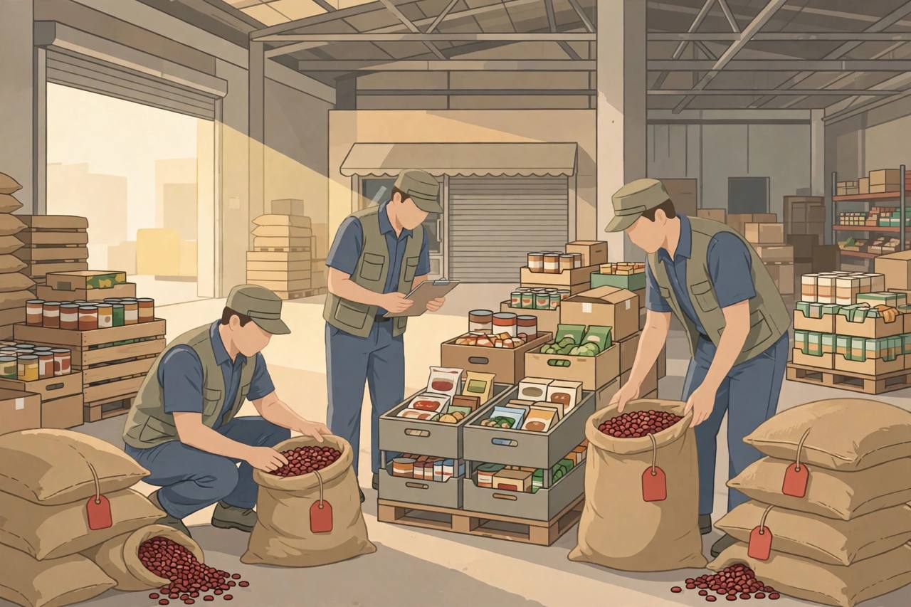 (Editorial illustration) Food safety inspectors examining sacks of rajma pulses and crates of food stock inside a warehouse, with plain red seal tags on seized stock