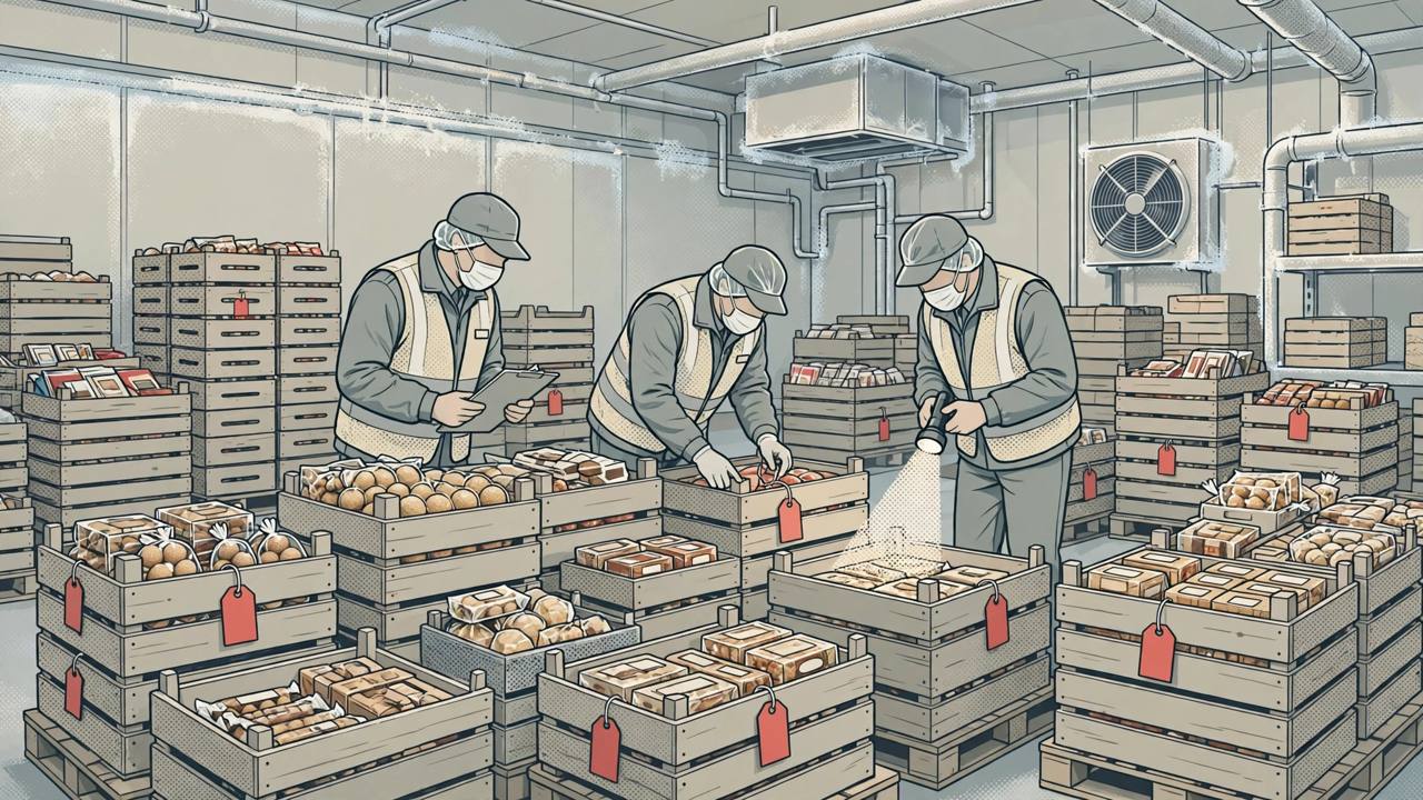 (Editorial illustration) Food safety inspectors examining crates of sweets and packaged food inside a cold storage warehouse