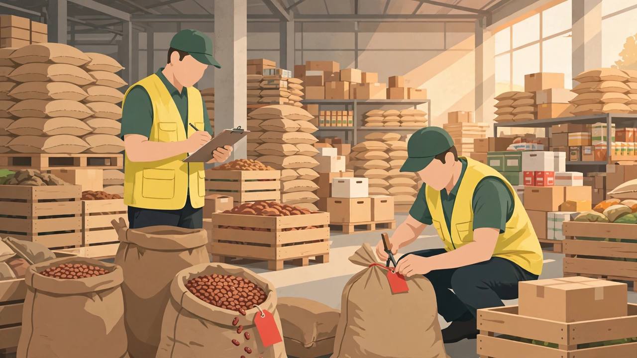 (Editorial illustration) Food safety inspectors examining sacks of rajma and crates inside a warehouse, sealing stock with red tags