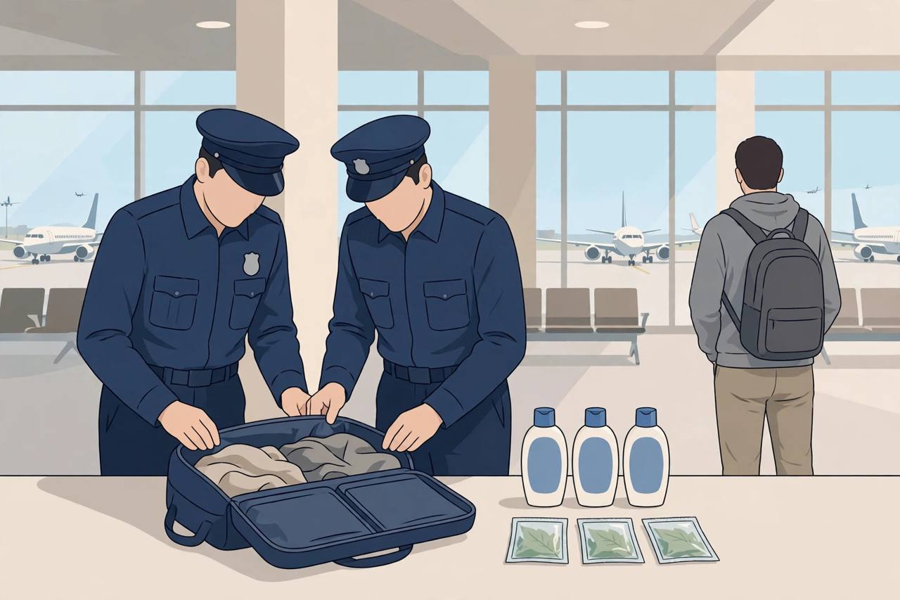 Editorial illustration of customs officers inspecting a trolley bag and shampoo bottles at an airport arrivals hall