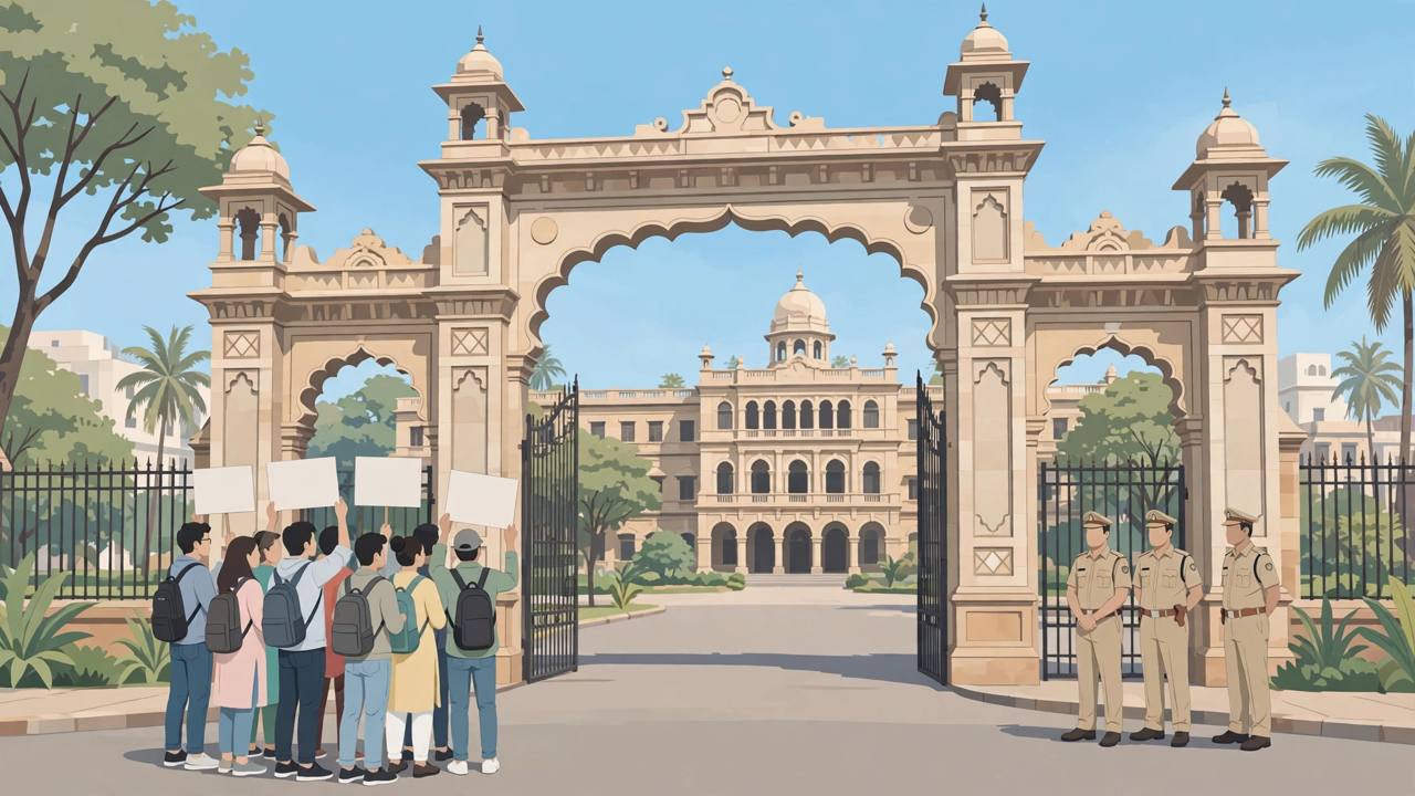 Editorial illustration of students with blank placards at a campus main gate with police officers standing nearby