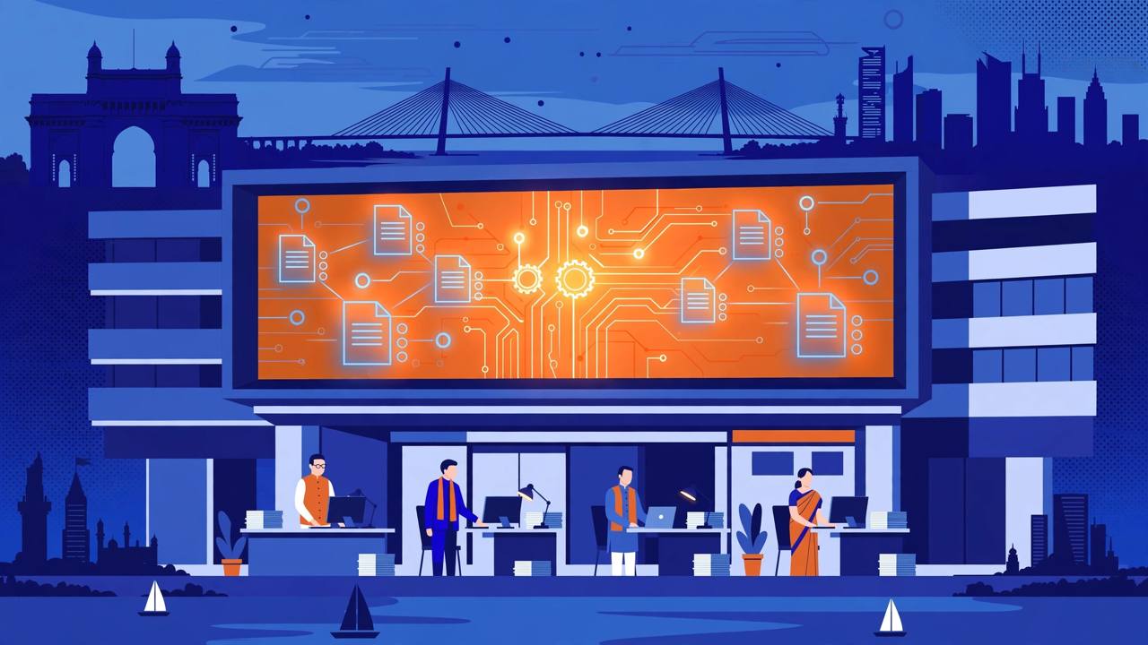Editorial illustration of a government secretariat building in Mumbai with a large digital screen showing abstract AI circuit patterns above officials working at computers