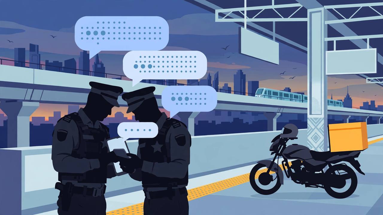 Anti-terror squad officers examine a smartphone at a Mumbai metro station while a delivery motorcycle stands nearby (Editorial illustration)
