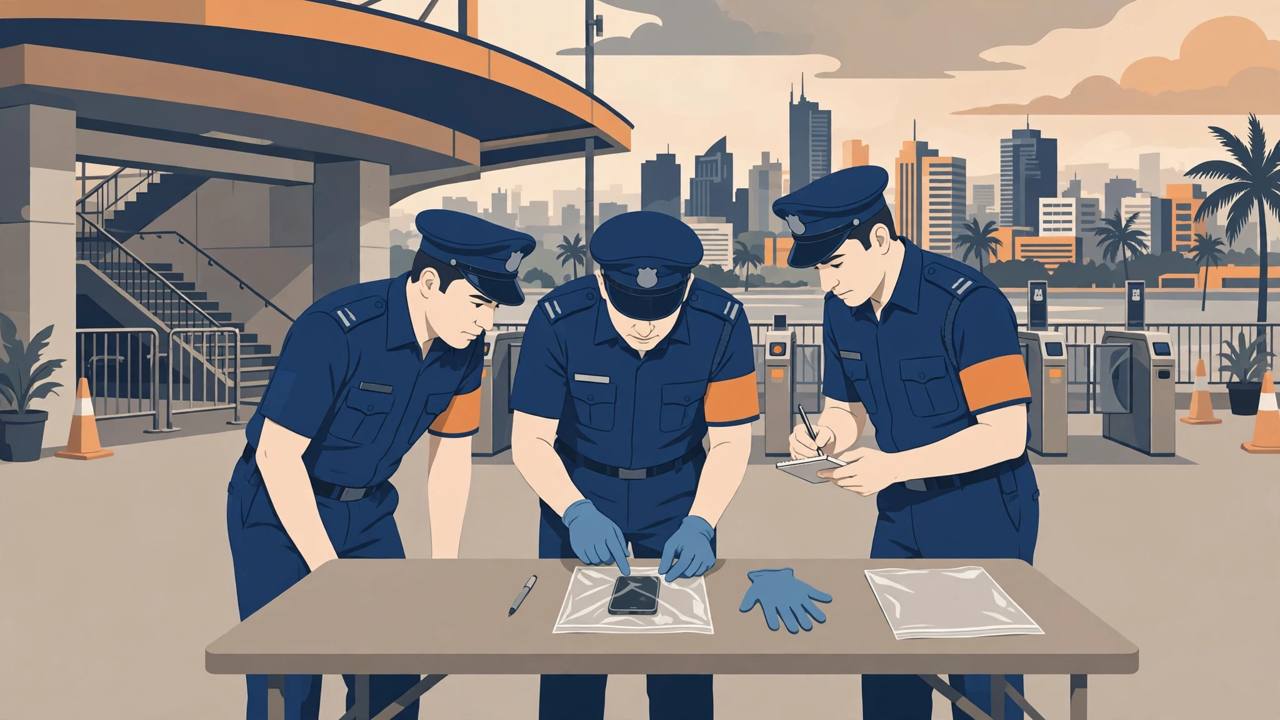 (Editorial illustration) Police officers examining a seized smartphone outside a Mumbai metro station