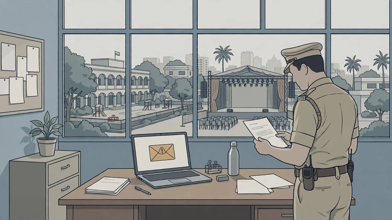 Editorial illustration of a police officer examining a printed threat email in a municipal office, with a school and a concert stage visible through the window