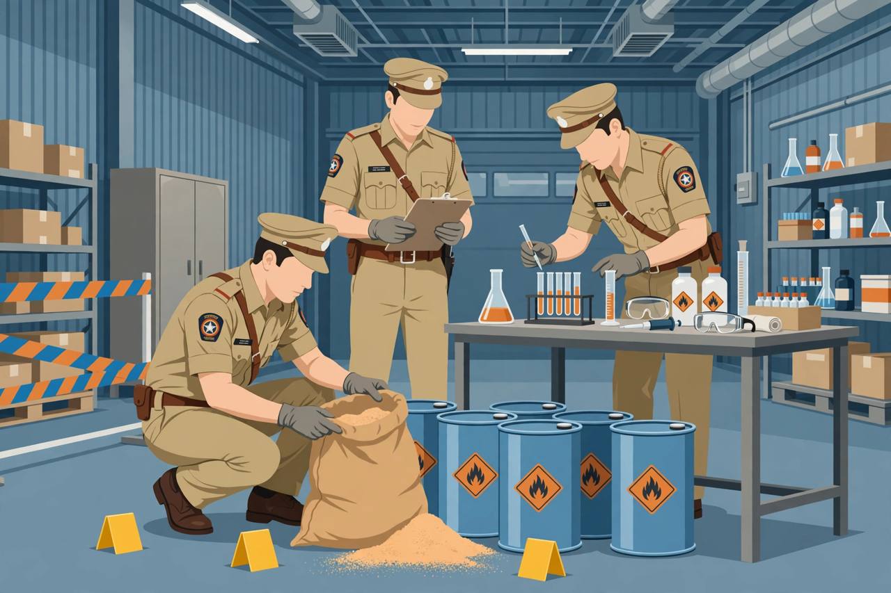 Editorial illustration of police inspecting chemical drums and laboratory equipment at an industrial unit during a drug precursor seizure