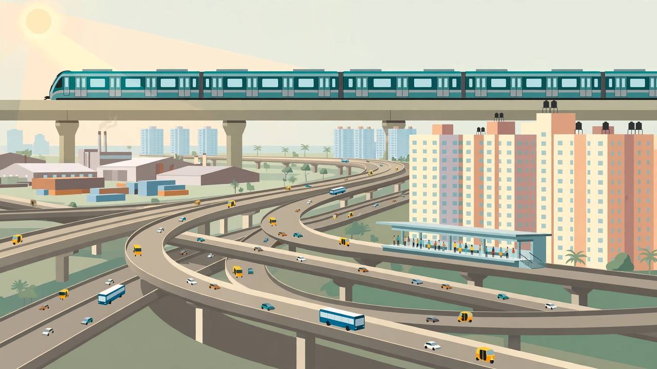 Editorial illustration of a metro train running on an elevated viaduct above multi-level flyovers and apartment blocks in the Mumbai metropolitan region