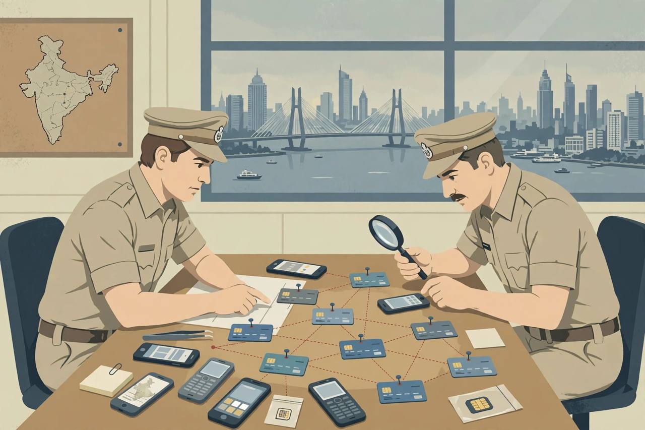 Editorial illustration of Mumbai police investigators examining mobile phones and linked bank account cards in a cyber fraud investigation