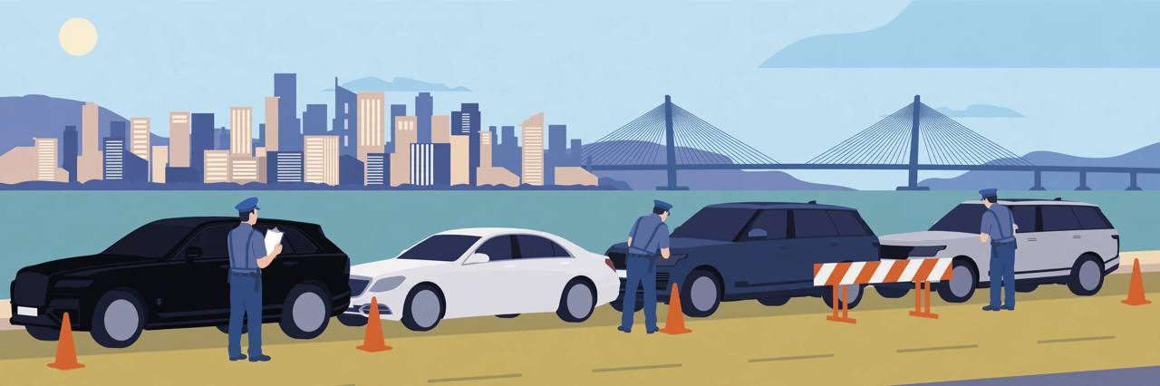(Editorial illustration) Transport officials inspecting luxury cars at a checkpoint with the Mumbai skyline and sea link in the background