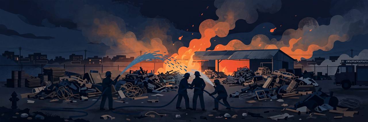 Editorial illustration of firefighters working outside a scrap warehouse in Mumbai's Saki Naka area at night