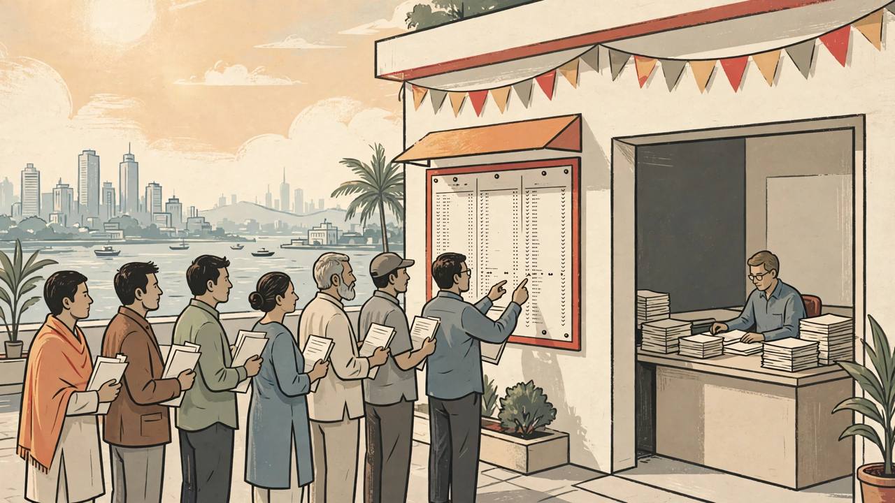 (Editorial illustration) Voters queueing outside an election office in Maharashtra to check a printed voter list on a notice board