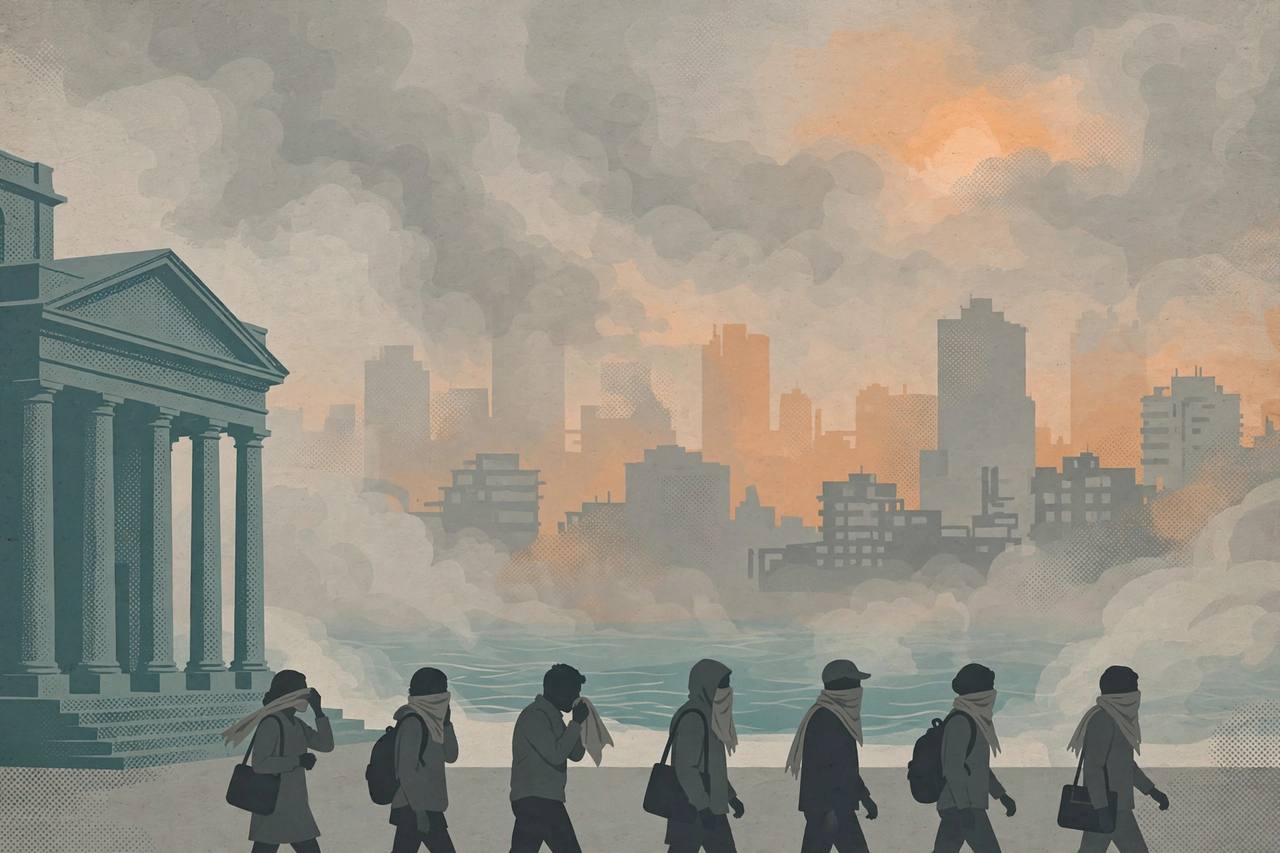 Editorial illustration of the Mumbai skyline shrouded in smog, with generic commuters and morning walkers in the foreground and a courthouse to one side