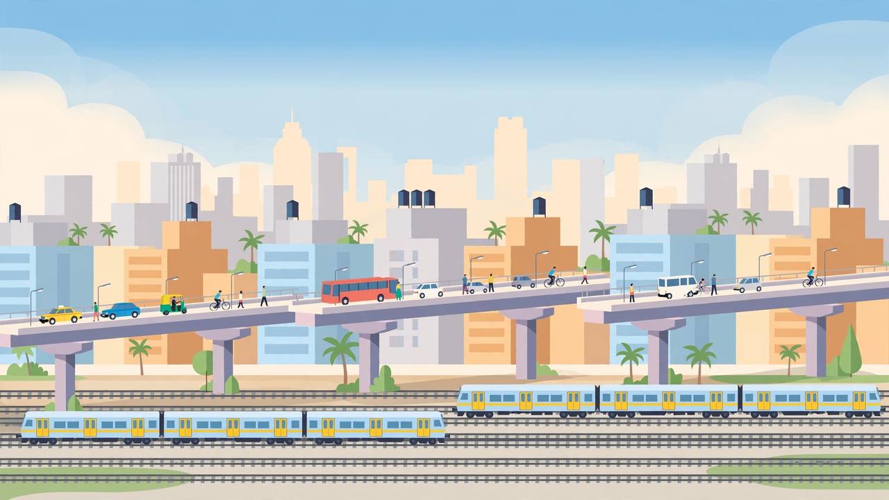 Editorial illustration of new flyovers and railway overbridges over suburban railway tracks in Mumbai with local trains below