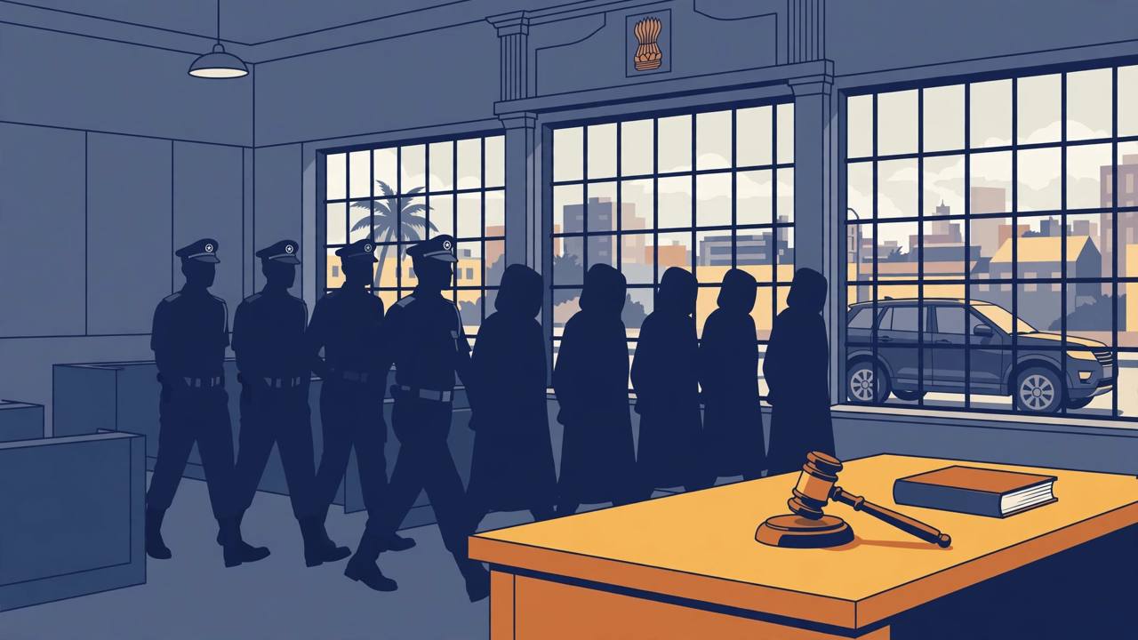Editorial illustration of a courtroom with a judge's bench and police escorting generic accused figures