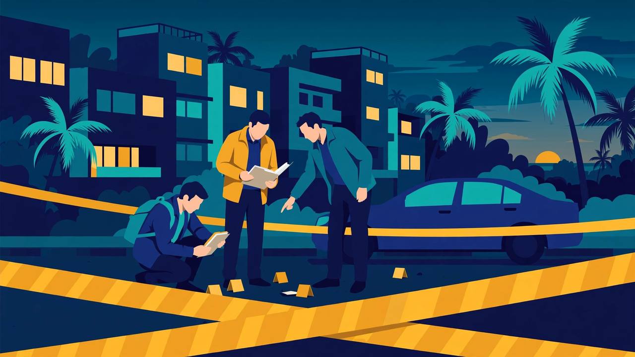 Editorial illustration of plain-clothes investigators examining a case file and evidence markers behind yellow police tape on a Juhu street at dusk, with a parked car and palm trees