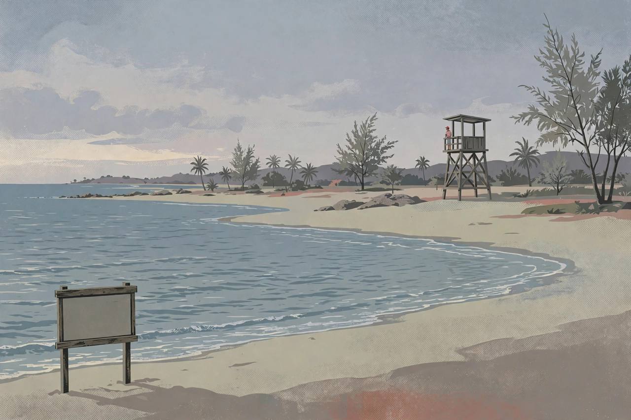 (Editorial illustration) A lifeguard watchtower and a blank warning signboard on a Maharashtra beach at dusk