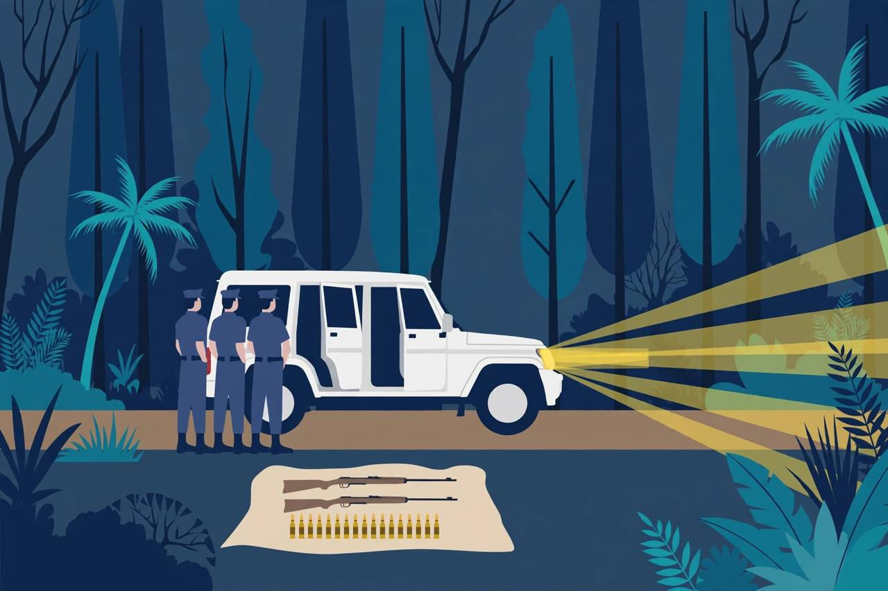 Editorial illustration of a police patrol stopping a white SUV on a dark forest road near Murud at night, with seized rifles and cartridges laid out as evidence