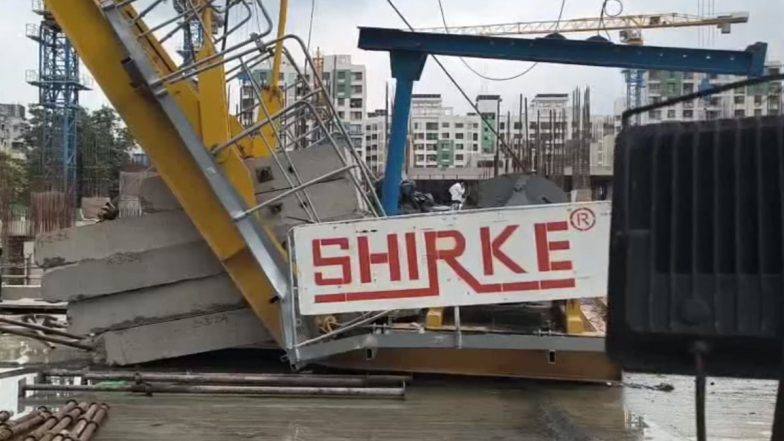 Collapsed crane at the under-construction MHADA site in Nagpur where two workers were killed during dismantling work