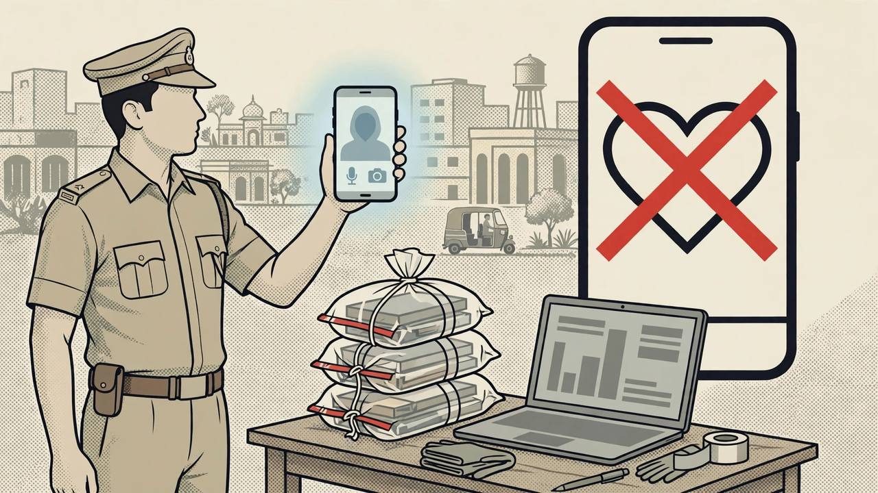 (Editorial illustration) A police officer holding up a seized smartphone beside an evidence table, with a crossed-out dating-app heart symbol — Nagpur sextortion investigation