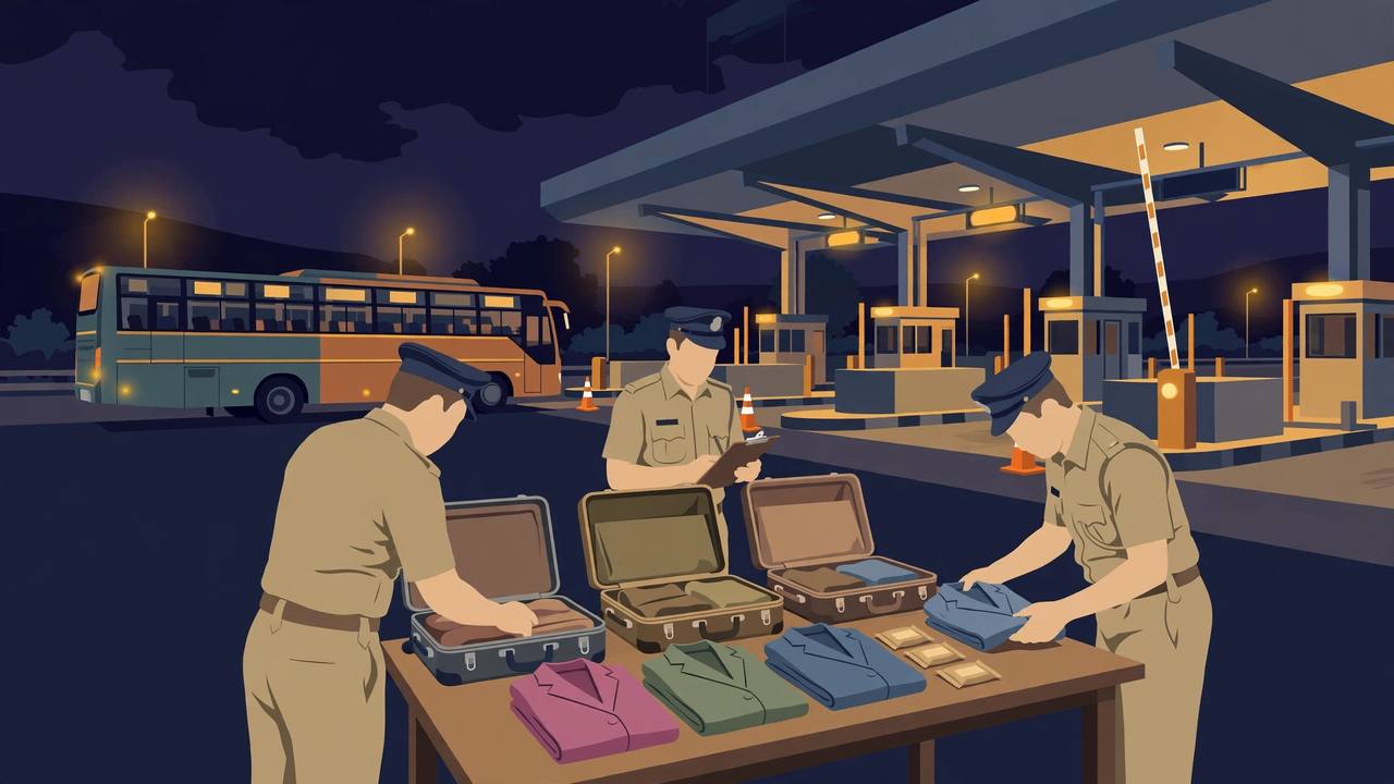 Editorial illustration of officers inspecting open suitcases and folded suits on a table beside a stopped long-distance bus at a highway toll plaza at night