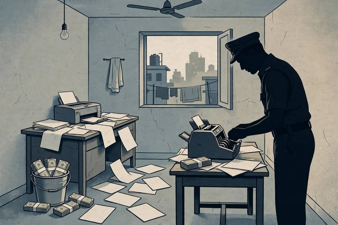 Editorial illustration of a printer, scattered paper sheets and bundles of notes in a bucket inside a small rented room, with a police officer examining the scene