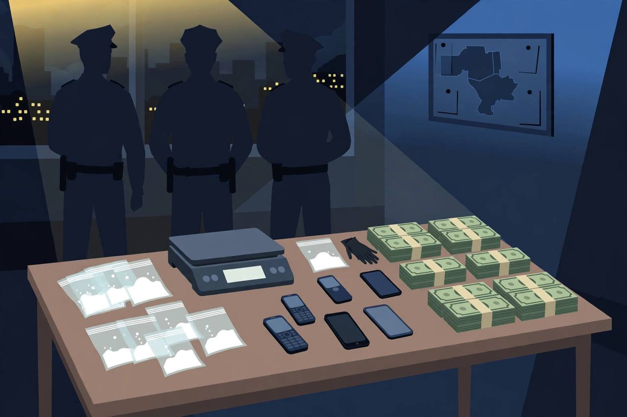 (Editorial illustration) Seized packets, a weighing scale, phones and cash on a police evidence table in Nagpur, with generic silhouetted officers behind