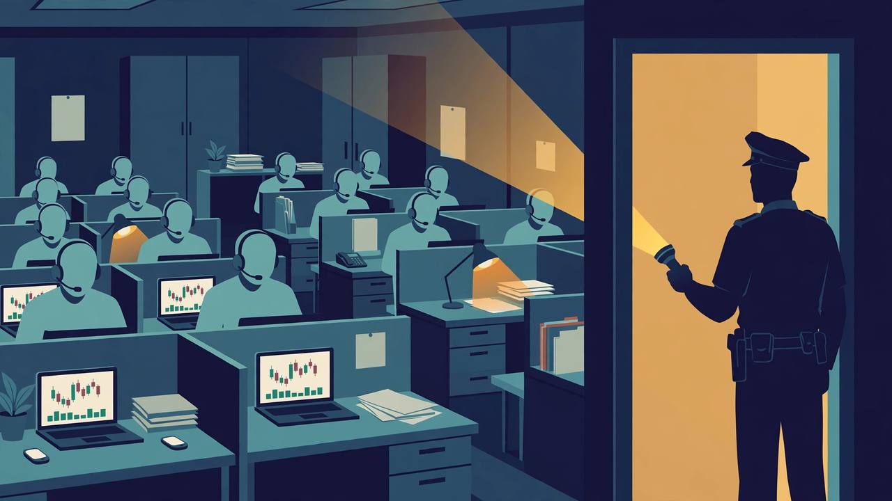 Editorial illustration of a call centre room with headset operators at stock-chart screens as a police officer enters with a torch