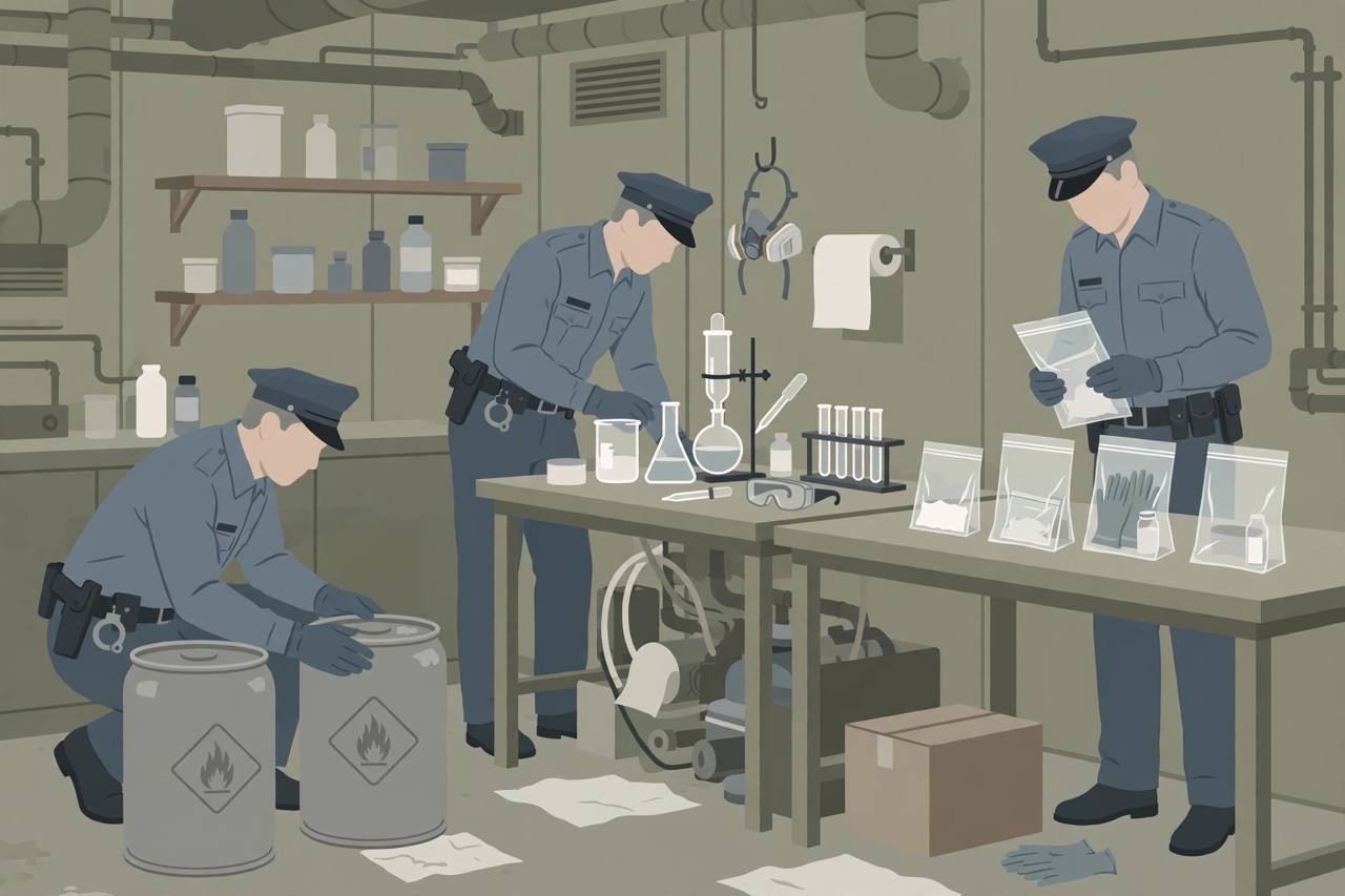 Editorial illustration of police inspecting chemical drums and laboratory equipment at a clandestine drug laboratory