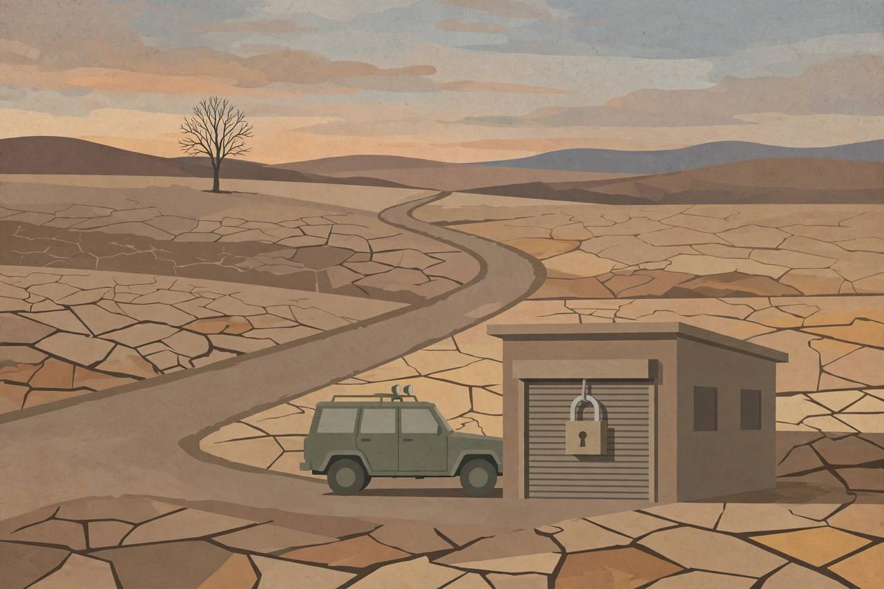 Editorial illustration of a sealed finance company office and a police vehicle beside drought-cracked farmland in rural Maharashtra