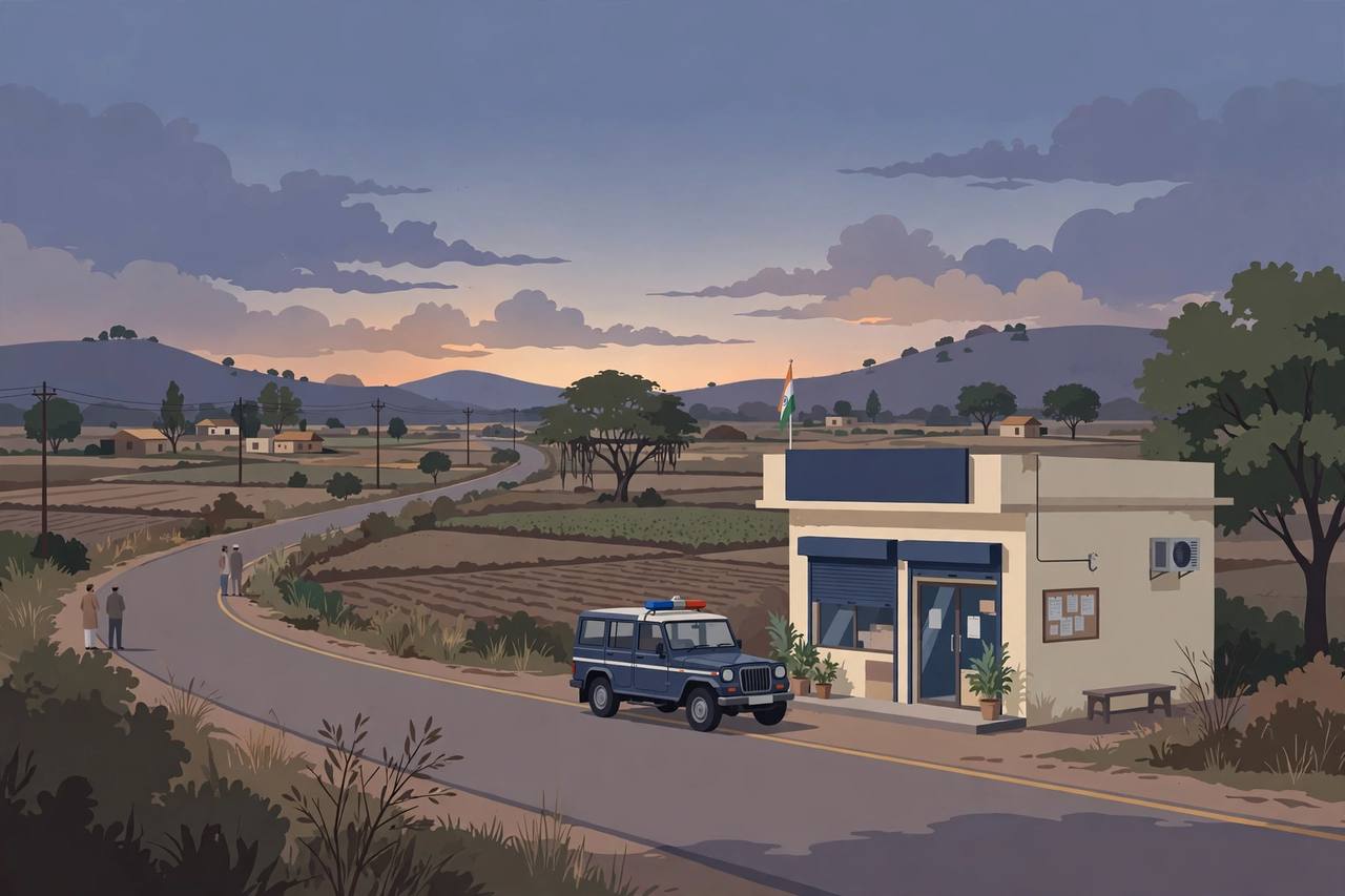 Editorial illustration of a small finance company office on a bypass road in Nanded with a police jeep parked outside at dusk