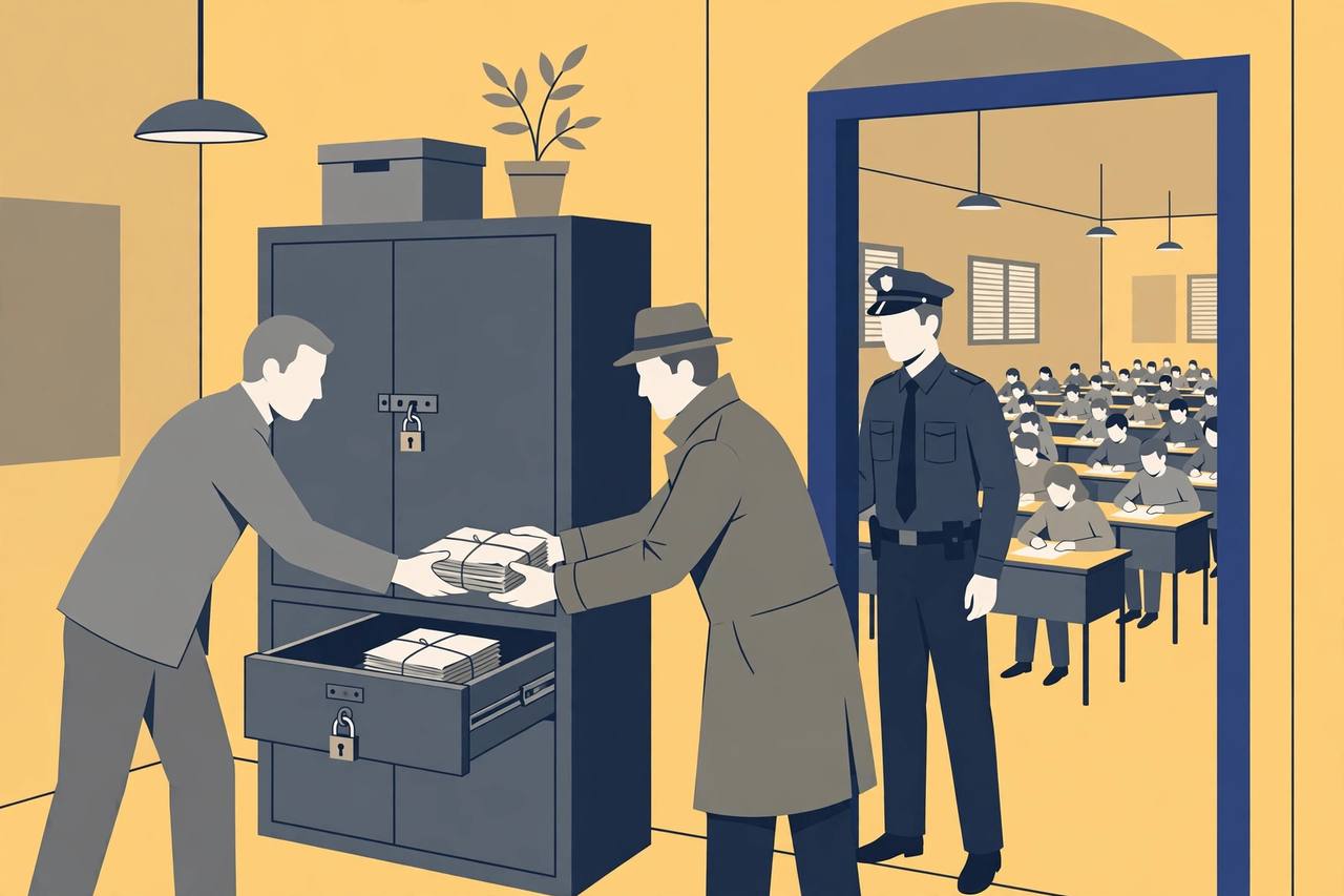 (Editorial illustration) A generic official handing a tied bundle of exam papers from a locked confidential cabinet to another generic figure, while a uniformed officer watches from a doorway opening onto an examination hall