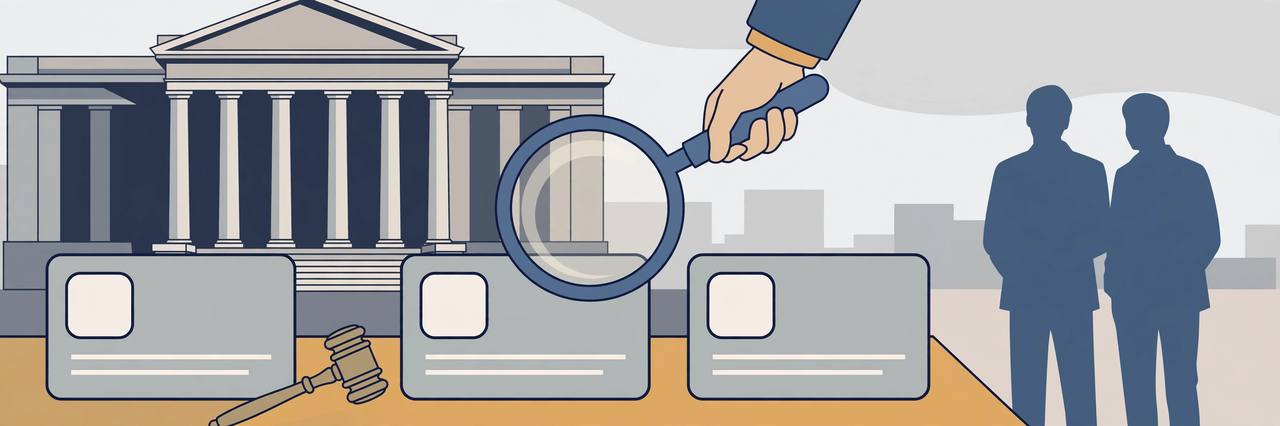 Editorial illustration of a courthouse with a magnifying glass over generic identity cards and a gavel