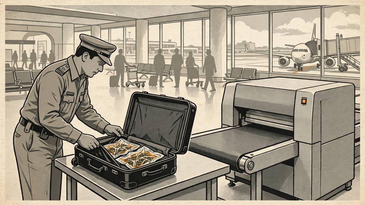 Editorial illustration of a customs officer inspecting a trolley bag at Pune airport