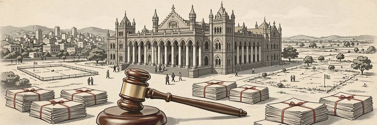 Editorial illustration of a high court building, a gavel and two marked land plots for Pune and Nagpur