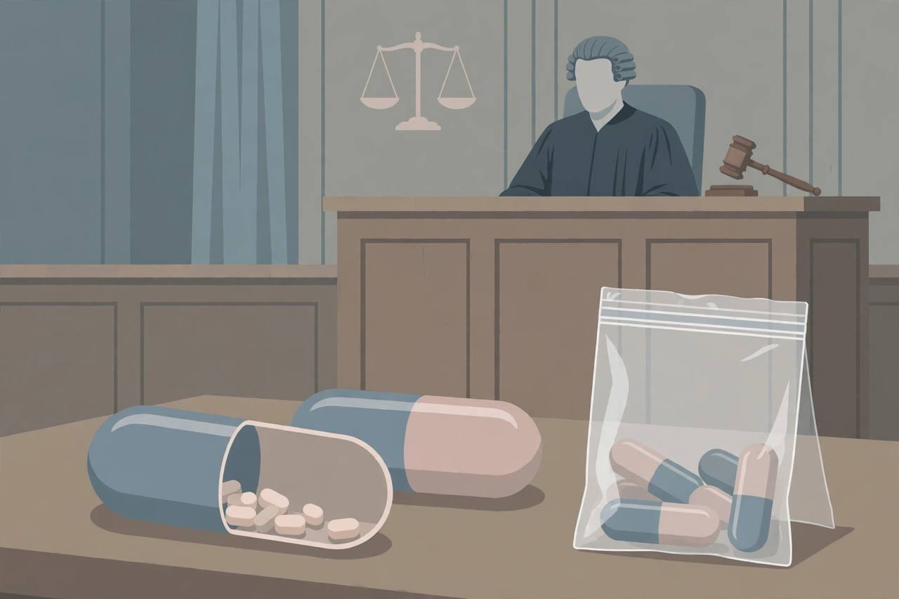 Editorial illustration of a courtroom with a judge's bench and an evidence table holding medicine capsules in a sealed bag