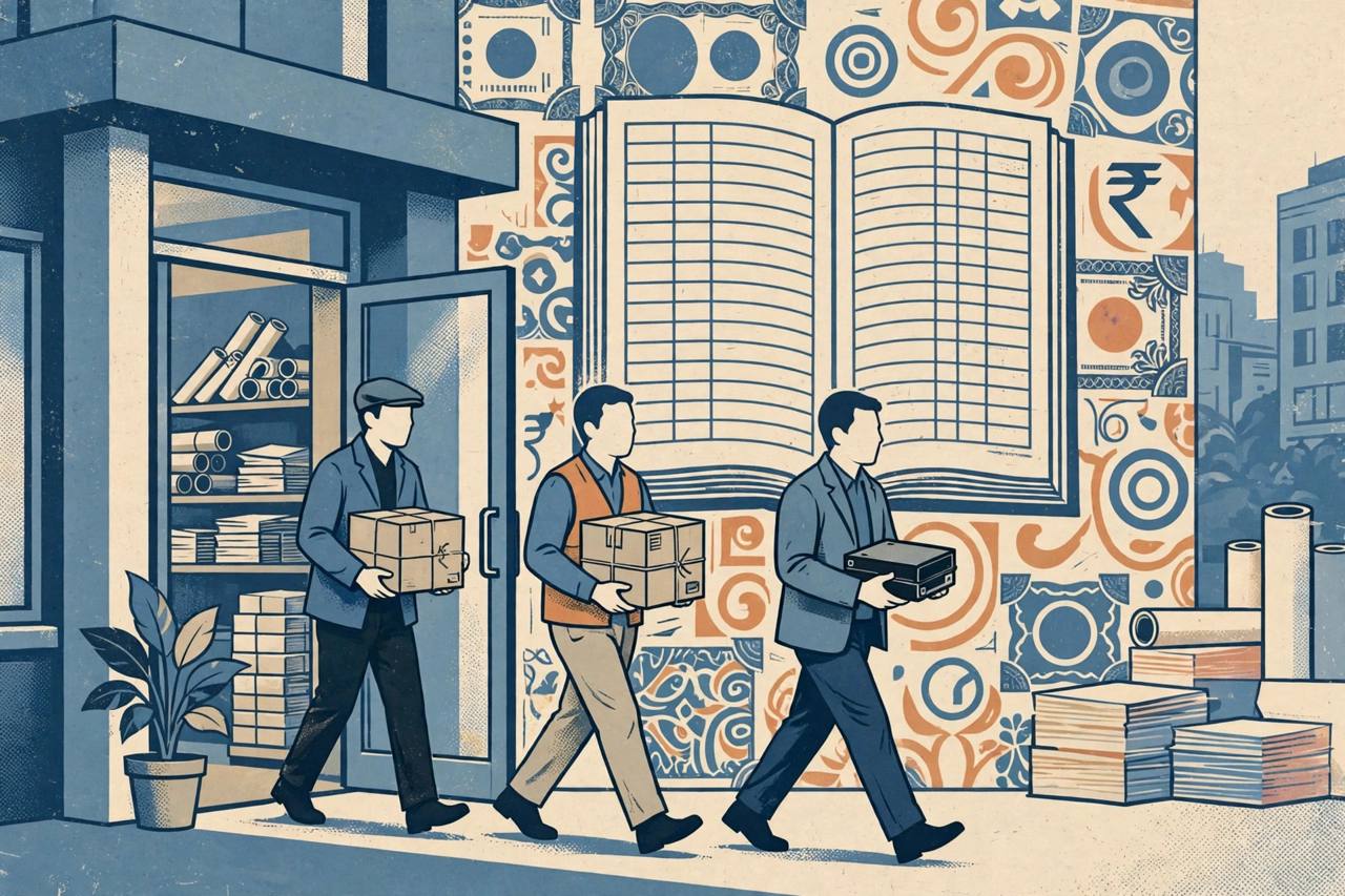 (Editorial illustration) Investigators carrying sealed document boxes out of a paper company office in Pune.