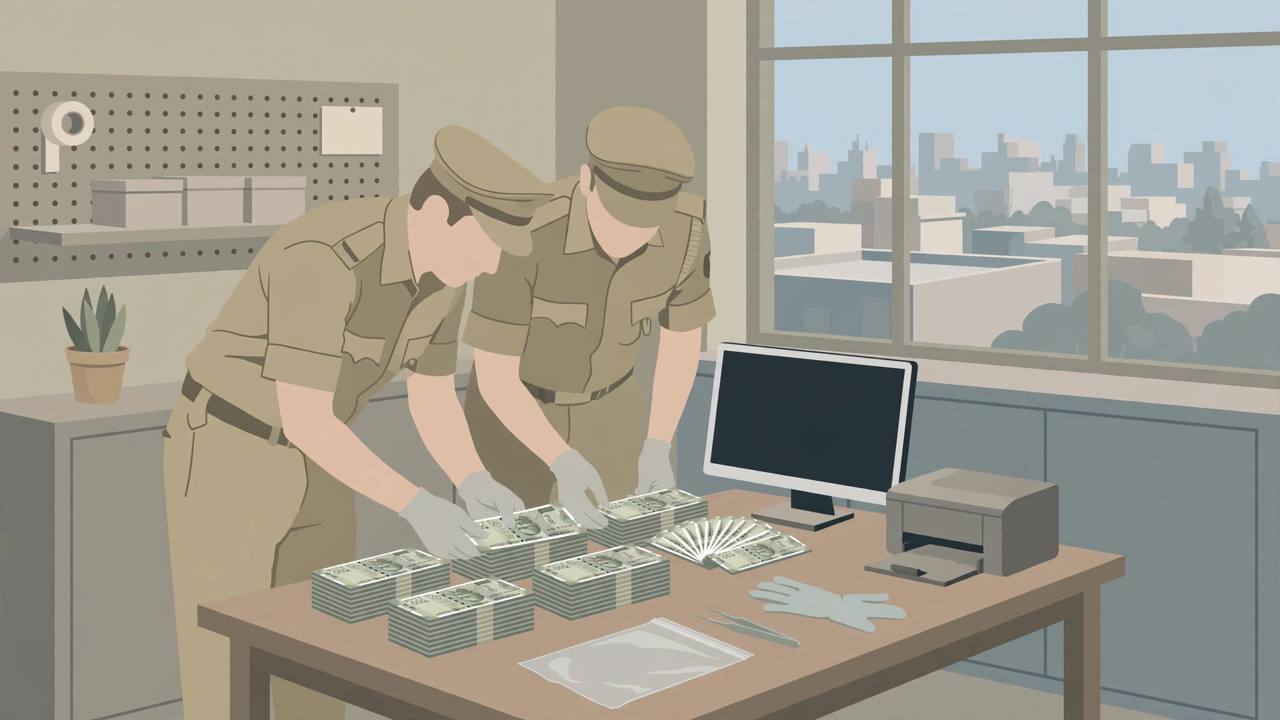 Editorial illustration of police officers examining stacks of counterfeit banknotes on an evidence table, with a printer and computer beside them